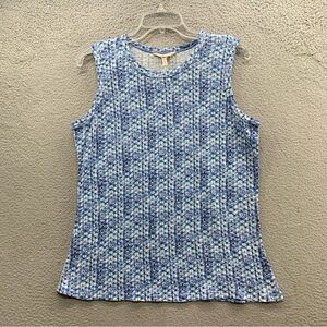 Rebecca Taylor 100% Linen White Blue Geometric Sleeveless Blouse Tank Top Size M